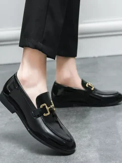 Mocassins à mors pour homme chaussures à enfiler en cuir verni à bout rond