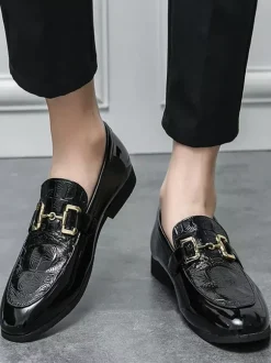 Mocassins à mors pour homme chaussures à enfiler en cuir verni à bout rond