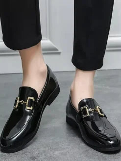 Mocassins à mors pour homme chaussures à enfiler en cuir verni à bout rond