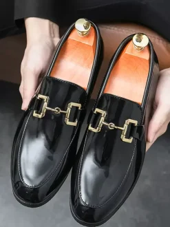 Mocassins à mors pour homme chaussures à enfiler en cuir verni à bout rond