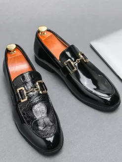 Mocassins à mors pour homme chaussures à enfiler en cuir verni à bout rond