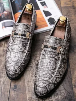 Mocassins à mors pour hommes chaussures à enfiler bout pointu motif serpent bride à boucle talon moyen chaussures de fête