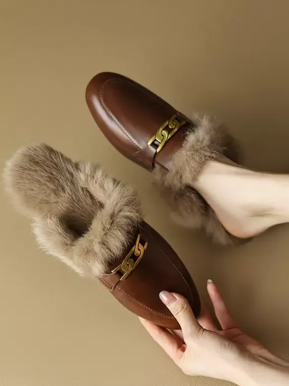 Mocassins mules marron femmes chaussures d'hiver à bout rond fausse fourrure