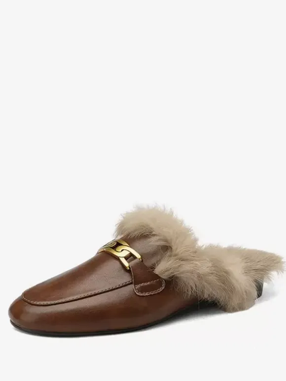 Mocassins mules marron femmes chaussures d'hiver à bout rond fausse fourrure
