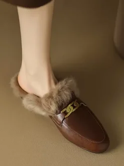 Mocassins mules marron femmes chaussures d'hiver à bout rond fausse fourrure