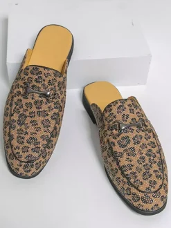 Mocassins mules pour hommes imprimé léopard bout rond détails métalliques sans talon