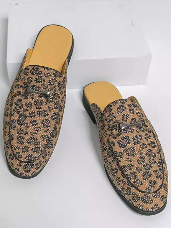 Mocassins mules pour hommes imprimé léopard bout rond détails métalliques sans talon