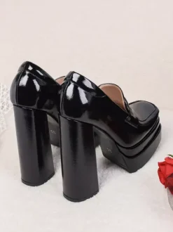 Mocassins noirs à talons hauts et plateforme pour femmes escarpins à enfiler à bout carré