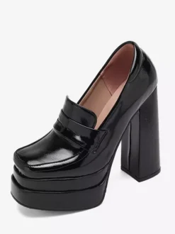 Mocassins noirs à talons hauts et plateforme pour femmes escarpins à enfiler à bout carré