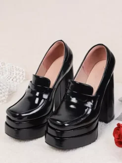 Mocassins noirs à talons hauts et plateforme pour femmes escarpins à enfiler à bout carré