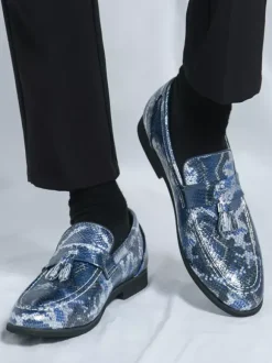 Mocassins à pampilles pour hommes à enfiler en cuir synthétique imprimé poisson bout rond pour bal de promo mariage