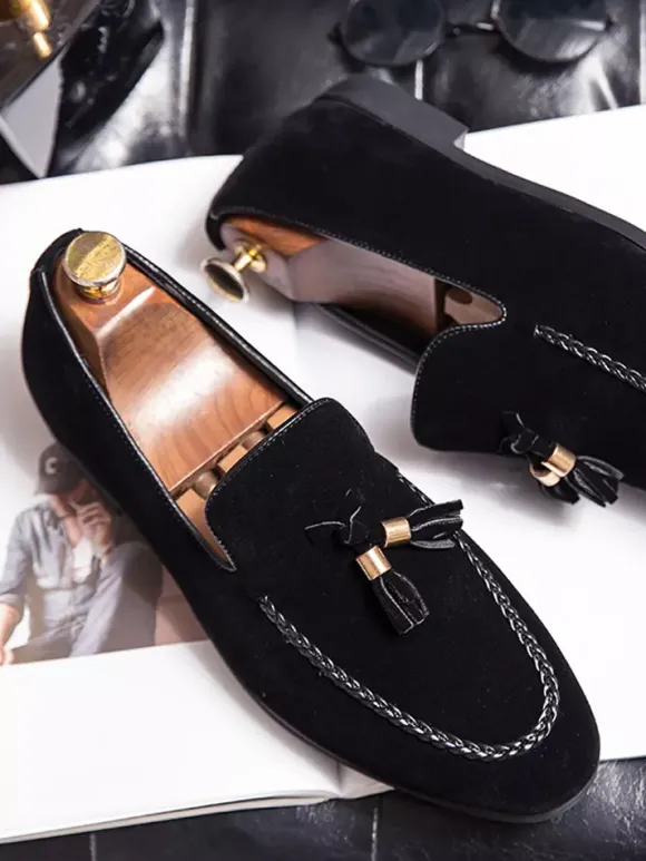 Mocassins à pampilles pour hommes mocassins à enfiler en daim bout rond talon bas et bloc