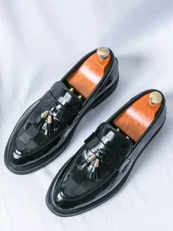 Mocassins à pampilles pour hommes chaussures à enfiler bout pointu style Penny motif épissure verni talons bas chaussures de soirée