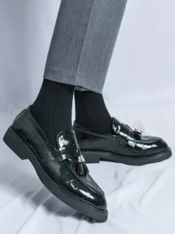 Mocassins à pampilles pour hommes chaussures à enfiler bout pointu style Penny motif épissure verni talons bas chaussures de soirée