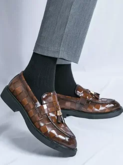Mocassins à pampilles pour hommes chaussures à enfiler bout pointu style Penny motif épissure verni talons bas chaussures de soirée