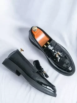 Mocassins à pampilles pour hommes chaussures à enfiler bout pointu style Penny motif épissure verni talons bas chaussures de soirée