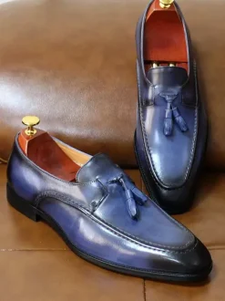 Mocassins à pampilles pour hommes chaussures habillées à bout carré en cuir véritable pour le travail Oxfords à enfiler