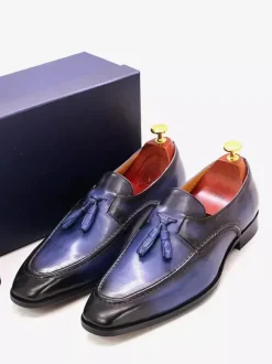Mocassins à pampilles pour hommes chaussures habillées à bout carré en cuir véritable pour le travail Oxfords à enfiler