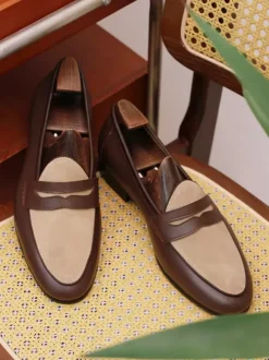 Mocassins Penny pour hommes chaussures à enfiler bout rond talons bas chaussures Penny chaussures de bal de mariage en daim marron
