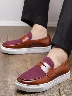 Mocassins Penny pour hommes à enfiler bout rond semelle épaisse en daim et cuir
