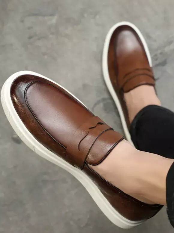 Mocassins Penny pour hommes en cuir à plateforme et bout rond chaussures à enfiler pour fête et mariage
