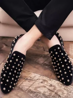 Mocassins à rivets pour hommes pointes dorées en daim cuir motif floral faciles à enfiler formels décontractés pour mariage bal danse chaussures plates
