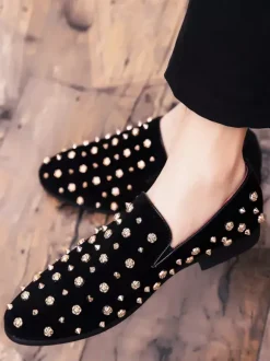Mocassins à rivets pour hommes pointes dorées en daim cuir motif floral faciles à enfiler formels décontractés pour mariage bal danse chaussures plates