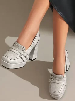 Mocassins À Talon Épais Avec Boucle Chaussures Vintage Femme En Cuir PU