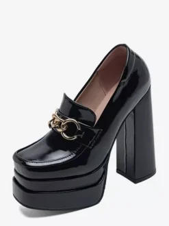 Mocassins à talons hauts plateforme bout carré chaîne escarpins à talons épais