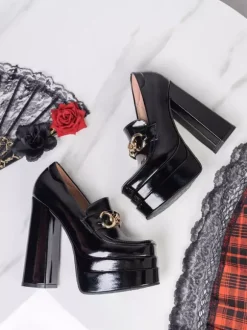 Mocassins à talons hauts plateforme bout carré chaîne escarpins à talons épais