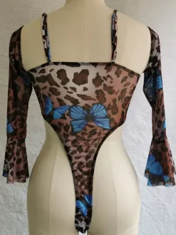 Monokini Maillots Femme avec Manches Longues Volantes à Col Décolleté Unicolore