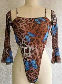 Monokini Maillots Femme avec Manches Longues Volantes à Col Décolleté Unicolore