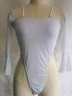 Monokini Maillots Femme avec Manches Longues Volantes à Col Décolleté Unicolore