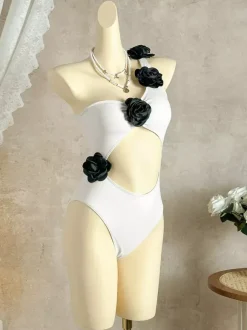 Monokini une pièce à fleurs 3D asymétrique échancré à la taille et décolleté plongeant