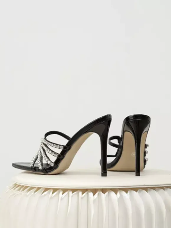 Mules à talons hauts bout ouvert strass talon aiguille escarpins à bride arrière
