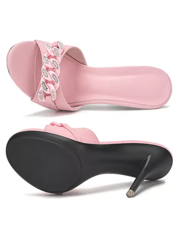 Mules à Talons Hauts Femme avec Bout Ouvert en Cuir Synthétique Unicolore