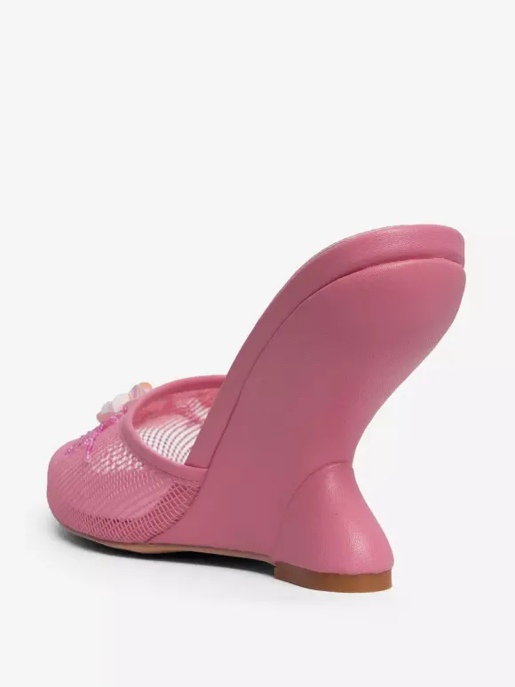 Mules compensées en maille pour femmes bout rond fleurs sans talon