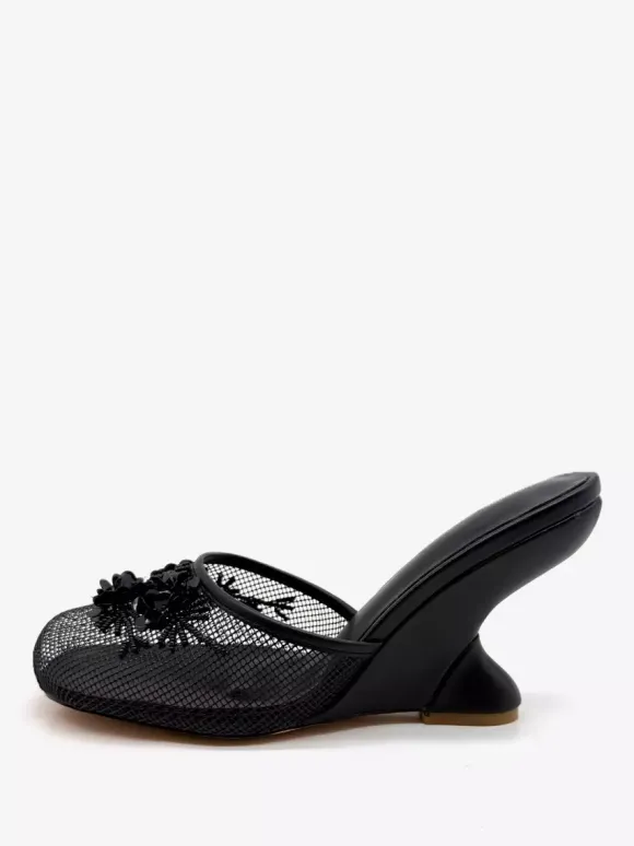 Mules compensées en maille pour femmes bout rond fleurs sans talon