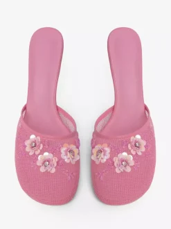 Mules compensées en maille pour femmes bout rond fleurs sans talon