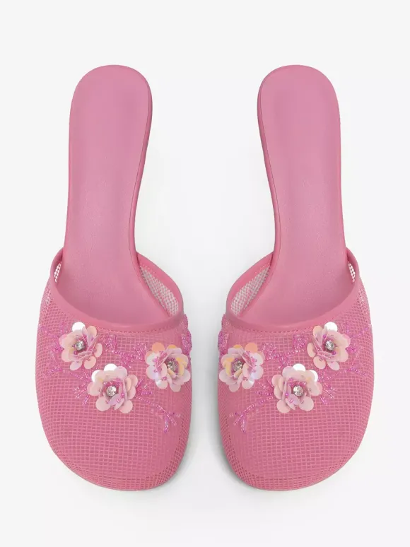 Mules compensées en maille pour femmes bout rond fleurs sans talon