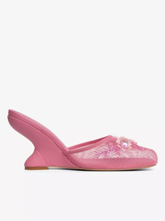 Mules compensées en maille pour femmes bout rond fleurs sans talon