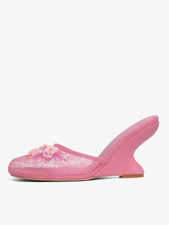 Mules compensées en maille pour femmes bout rond fleurs sans talon
