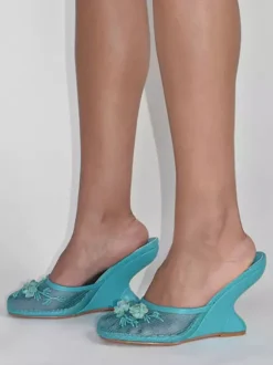 Mules compensées en maille pour femmes bout rond fleurs sans talon