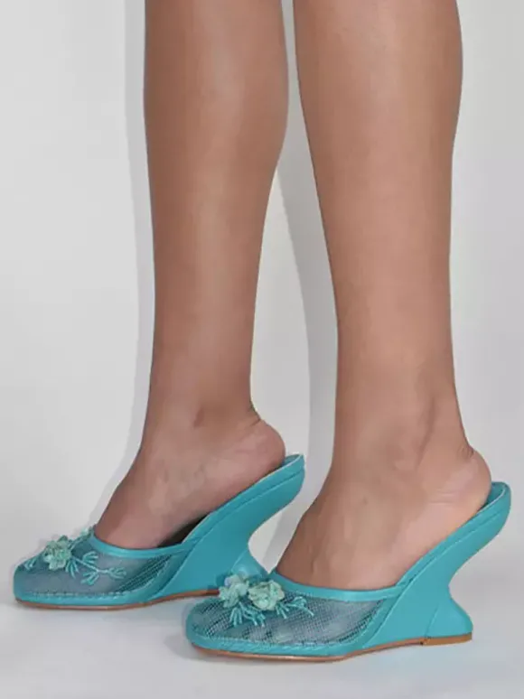 Mules compensées en maille pour femmes bout rond fleurs sans talon