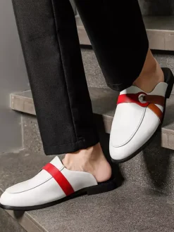 mules blanches à bout rond et boucle pantoufles sans talon