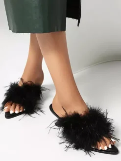 Mules à talon chaton sandales dos nu à détails plumes
