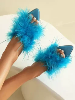 Mules à talon chaton sandales dos nu à détails plumes