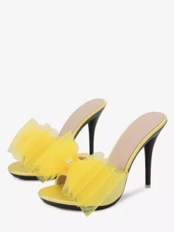 Mules à talons hauts blanches à bout ouvert et n艙ud escarpins dos nu pour femmes