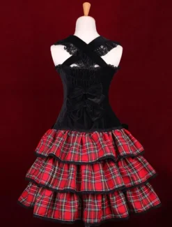 Noir rouge Ginghamn Lolita pull robe lacets multicouche Déguisements