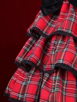 Noir rouge Ginghamn Lolita pull robe lacets multicouche Déguisements